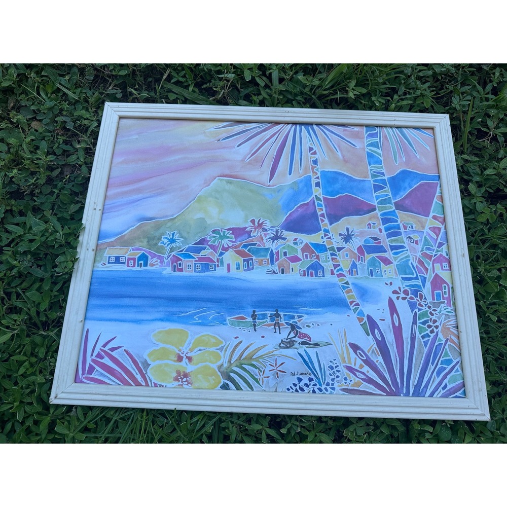 Paul J Lopez 1993 Tropical Beach Village Art Framed Coastal Island Scene 24x19